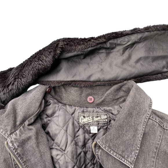 Vintage Guess Aviator Jean Jacket Black Y2K 90s Faux Fur Moto Grunge Mobwife-M - Picture 4 of 16